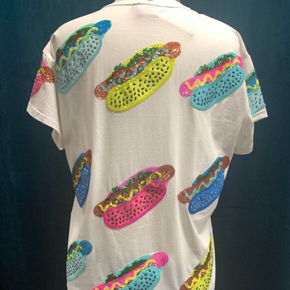 NWT Queen Of Sparkles White Scattered Multi Color Hot Dog Tee - Picture 2 of 7